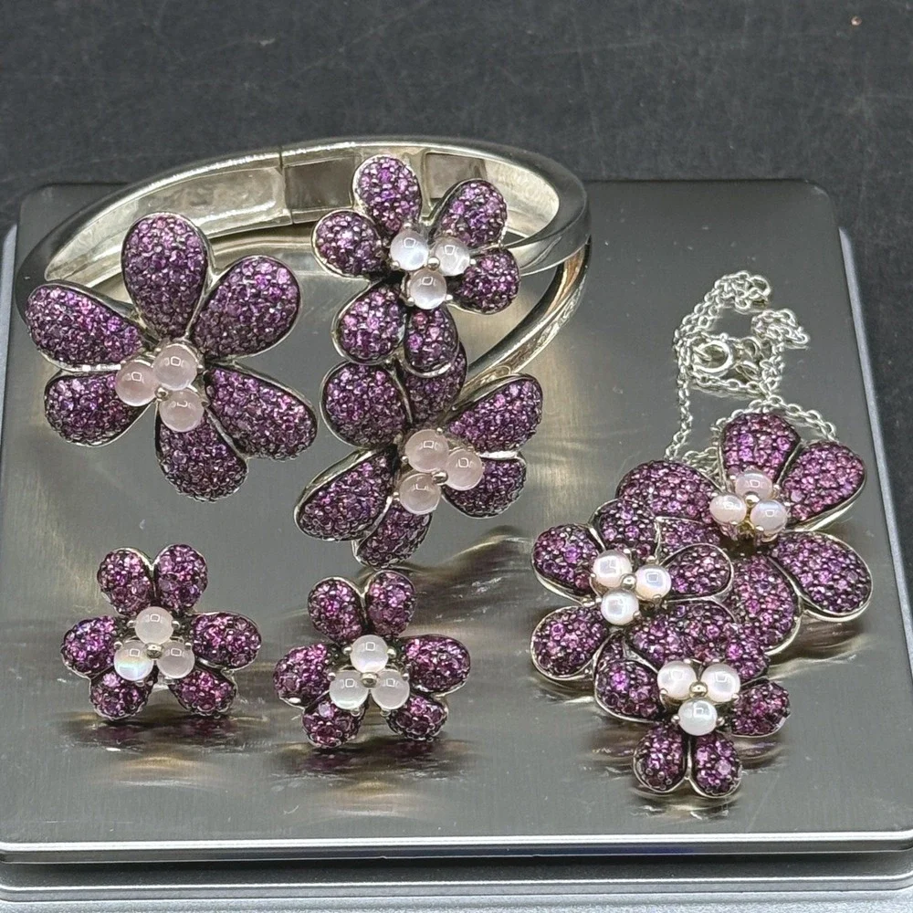 Moonstone Flower‎ Purple Sterling Silver Set Pendant Earrings Bracelet Garnet